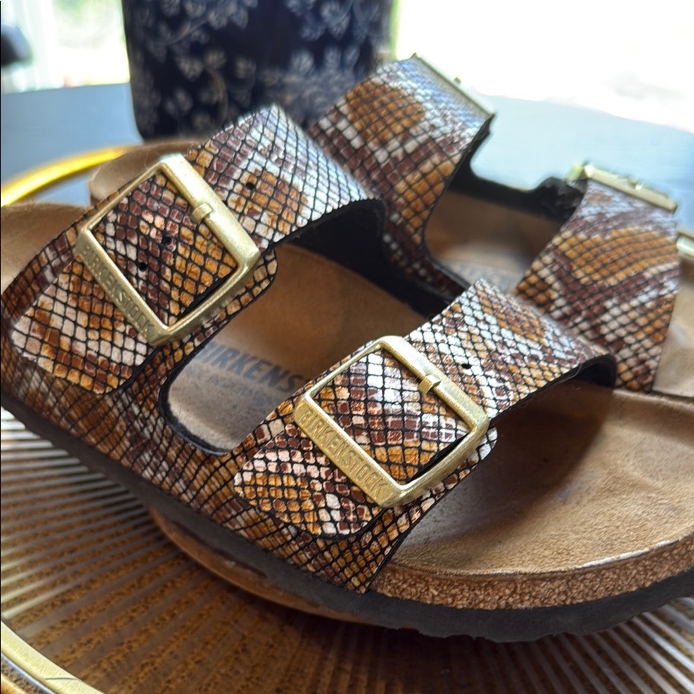 Snakeskin Birkenstock Arizona Sandals with Gold Buckles - Picture 2 of 6